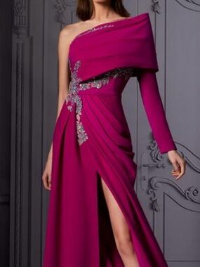 MNM Couture One-Shoulder Fuchsia Evening Gown with Silver Embellishment